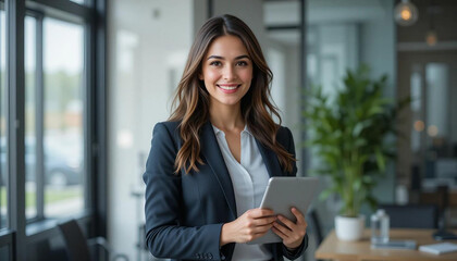 Happy female company executive, smiling businesswoman entrepreneur corporate leader manager looking at camera using tablet