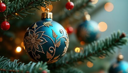 Wall Mural - close-up of teal christmas ornament with gold, silver floral design. ornament hangs on christmas tre