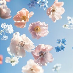 Wall Mural - Floating pastel pink and blue flowers against a bright blue sky.