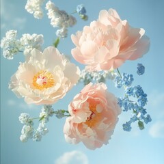 Wall Mural - Floating pastel peonies and forget-me-nots against a bright blue sky.