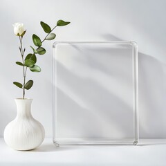 Wall Mural - Acrylic Frame Mockup: A clear acrylic photo frame stands elegantly beside a vase of white rose and eucalyptus, bathed in soft, natural light.