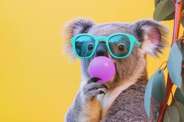 Poster - Cute koala wearing turquoise sunglasses and chewing bubble gum, set against a vibrant yellow background, showcasing playful wildlife photography and fun animal portraits.