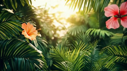 Wall Mural - Lush tropical jungle with vibrant greenery and blooming pink hibiscus flowers