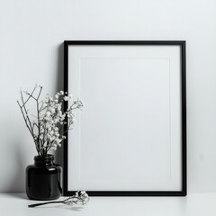 Wall Mural - Blank Black Frame Mockup with Dried Flowers: A stylish black frame with a blank canvas rests elegantly against a minimalist backdrop.