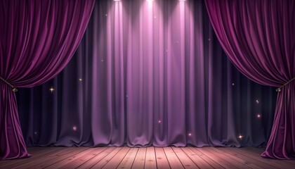 Aufkleber - Purple stage curtain with spotlights on wooden floor. Elegant, dramatic stage setting for performance. Luxurious interior design for presentation show. Purple velvet fabric. Suitable for concert