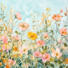 Wall Mural - Pastel pink and yellow wildflowers in a summer meadow.