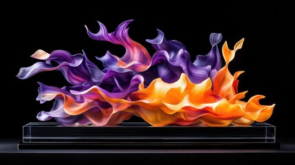 Fototapete - A vibrant glass sculpture featuring flowing shapes in purple and orange, resembling flames, set on a sleek base.