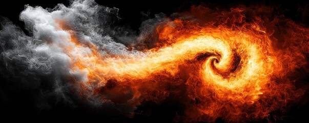 Fototapete - A swirling vortex of orange flames and white smoke against a dark background, creating a dynamic and dramatic visual effect.