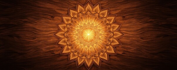 Fototapete - A radiant, intricate mandala design in warm golden hues, set against a textured wooden background, symbolizing harmony and balance.