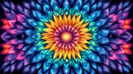 Poster - A vibrant, symmetrical floral design featuring a burst of colors including blue, purple, orange, and yellow, creating a mesmerizing kaleidoscopic effect.