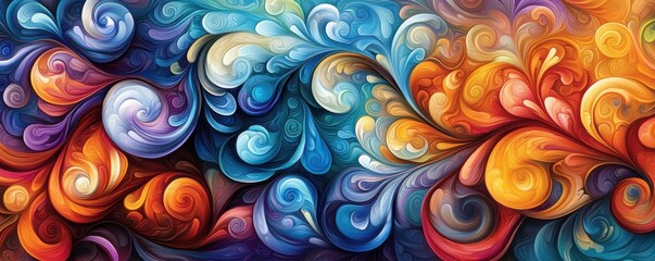 Fototapete - A vibrant abstract artwork featuring swirling patterns in blue, orange, and red, creating a dynamic and colorful visual experience.
