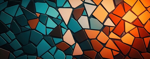 Poster - A vibrant mosaic composed of various colored tiles, showcasing a blend of blues, oranges, and earthy tones in an artistic pattern.
