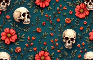 Poster - Floral skull seamless pattern design creates decorative background. Deep teal background features stylized flowers, skulls. Vivid red flowers, leaves create contrast. Vintage style pattern. Great for