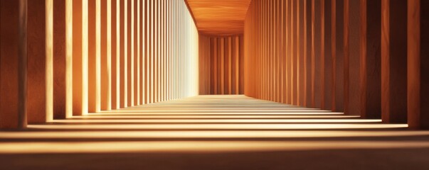 Poster - A serene corridor lined with wooden beams and soft light, creating a warm and inviting atmosphere.