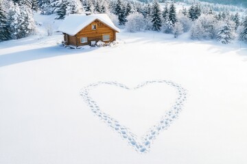 A beautiful heart shape has been carefully drawn in the soft, white snow that lies in front of a cozy cabin nestled in the woods. Snowy hikes with romantic vibes