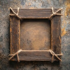 Wall Mural - Rustic Elegance: An antique wooden frame, bound with twine, rests against a textured surface, offering a vintage aesthetic and a touch of handmade charm.