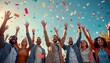 © miss irine - Diverse business team celebrates success outdoors. Happy employees raise hands in air. Confetti falls around. Successful business achievement. Celebration atmosphere. Pro colleagues enjoy success,