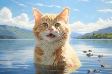 Sticker - Portrait of a smiling cymric cat in front of serene lakeside view