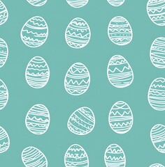 Canvas Print - A seamless pattern of white line-drawn Easter eggs on a light blue background, easter seamless pattern