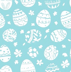 Canvas Print - A seamless pattern of white line-drawn Easter eggs on a light blue background, easter seamless pattern