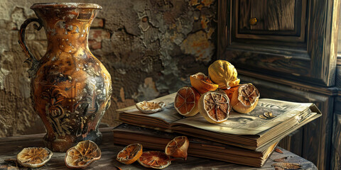 Wall Mural - Still Life with Antique Pitcher and Dried Citrus Fruits on Books