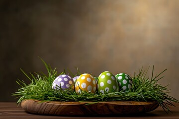 Wall Mural - A collection of vibrant, colorful Easter eggs is beautifully nestled in lush green grass, elegantly arranged on a charming wooden platter, capturing the spirit of the festive holiday season