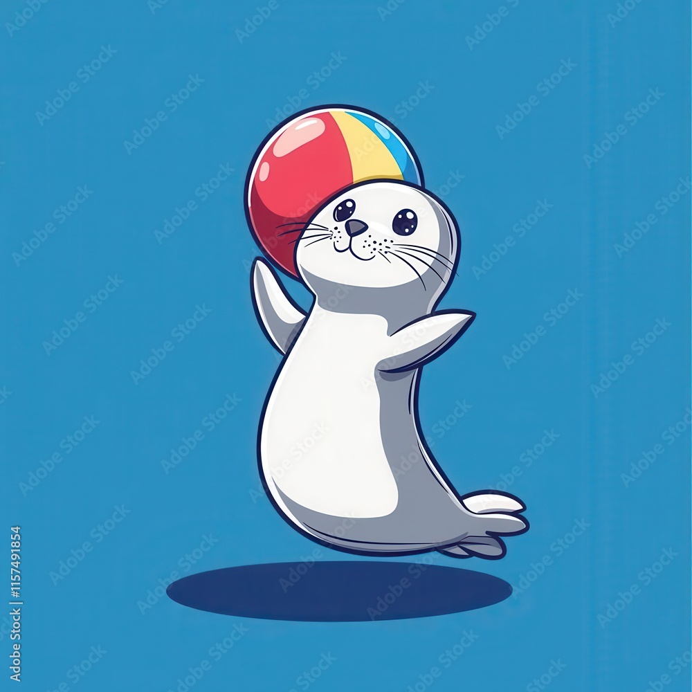 Flat cartoon seal balancing a beach ball on its nose, solid blue ...