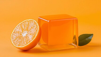 Wall Mural - Orange slice and juice cube on orange background.