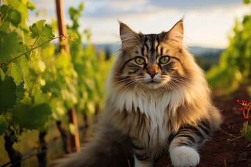 Sticker - Portrait of a smiling siberian cat in front of backdrop of rolling vineyards