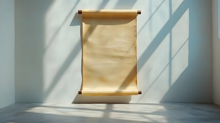 Wall Mural - Blank parchment scroll hanging on a light blue wall in a minimalist room, illuminated by sunlight.