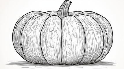 Wall Mural - Single Pumpkin Outline, Autumn Vegetable Illustration, Vector Line Art for Coloring Book