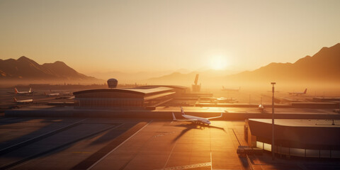 Poster - Airplanes at sunset on the runway