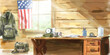 © Lila Patel - Wooden Room Interior with Desk, Military Gear, and American Flag