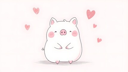 Wall Mural - Adorable Cartoon Pig Surrounded by Hearts