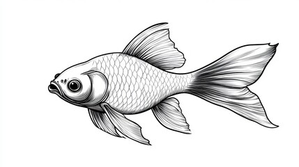 Wall Mural - Black and White Vector Illustration of Fish, Underwater Line Art, Coloring Page for Kids and Adults