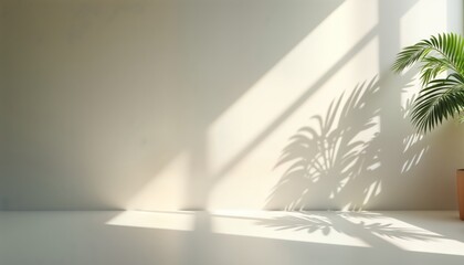 Poster - Sunlight casts subtle leaf shadows on neutral off-white wall, floor. Minimalist aesthetic. Versatile background for product displays. Natural light creates soft shadows. Elegant, contemporary design.