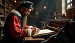 © miss irine - Man in historical clothes writes in book beside vintage printing press. Historic inventor works on revolutionary tech. Man works in workshop during Renaissance era. Old tech of publishing