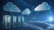 © Justlight - Server racks are connecting to a cloud computing network with glowing lines representing data transfer and storage in a digital universe, symbolizing the concept of cloud technology