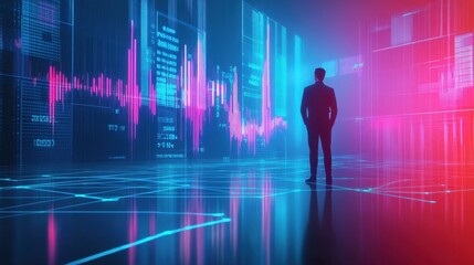 Wall Mural - professional evaluates investment growth on a luminous digital chart, blue gradient technology vibe
