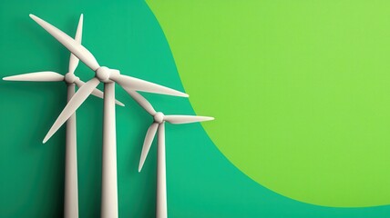 Wall Mural - A vibrant illustration featuring three wind turbines against a green backdrop, symbolizing renewable energy and environmental sustainability.