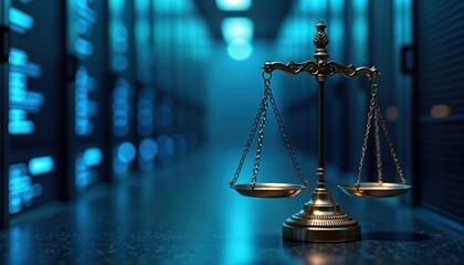 Leinwandbilder - Law scales balance on dark blue tech background data center. Symbolic representation of digital law in modern world. Judiciary jurisprudence justice, data balance. Futuristic concept of legal info