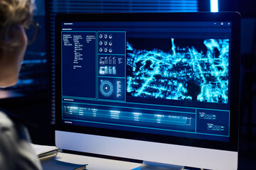 Aufkleber - Desktop computer screen with army location standing on workplace of mature operator of military office learning graphic data