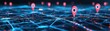 © Manita - Futuristic network with location pins on a digital map.