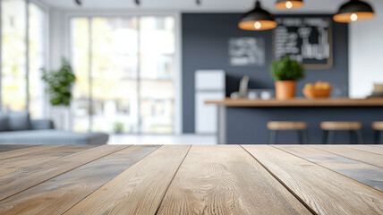 Wall Mural - Minimalist wooden table top in bright, modern kitchen setting