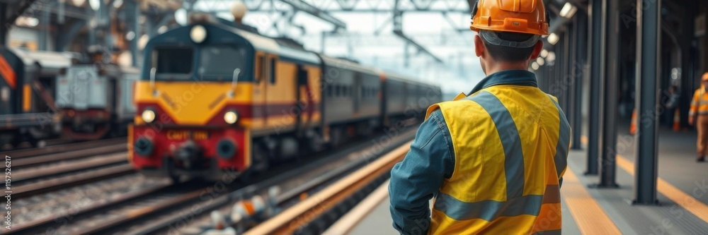 Transit Work Train Railway Worker Monitoring Train Operations at Busy Station with Vibrant ...