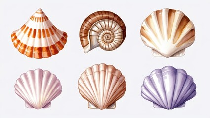 Watercolor Seashells Collection of Scallops Spiral and Conical Shells