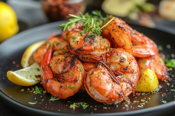 Wall Mural - Grilled shrimps seasoned with herbs and spices served on black plate