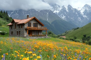 Stone cottage nestled in a blooming meadow with majestic snowy mountains in the background