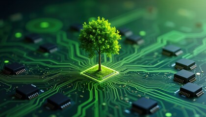Aufkleber - Small tree grows on circuit board. Eco tech concept. Green computing illustration. Modern technology merging with nature. Sustainable future. Green practices. Innovation, eco-friendly tech. Concept
