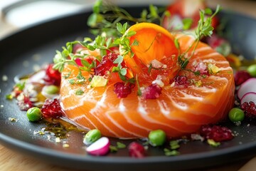 Wall Mural - Salmon tartare decorated with orange, radish, pomegranate and microgreens on black plate